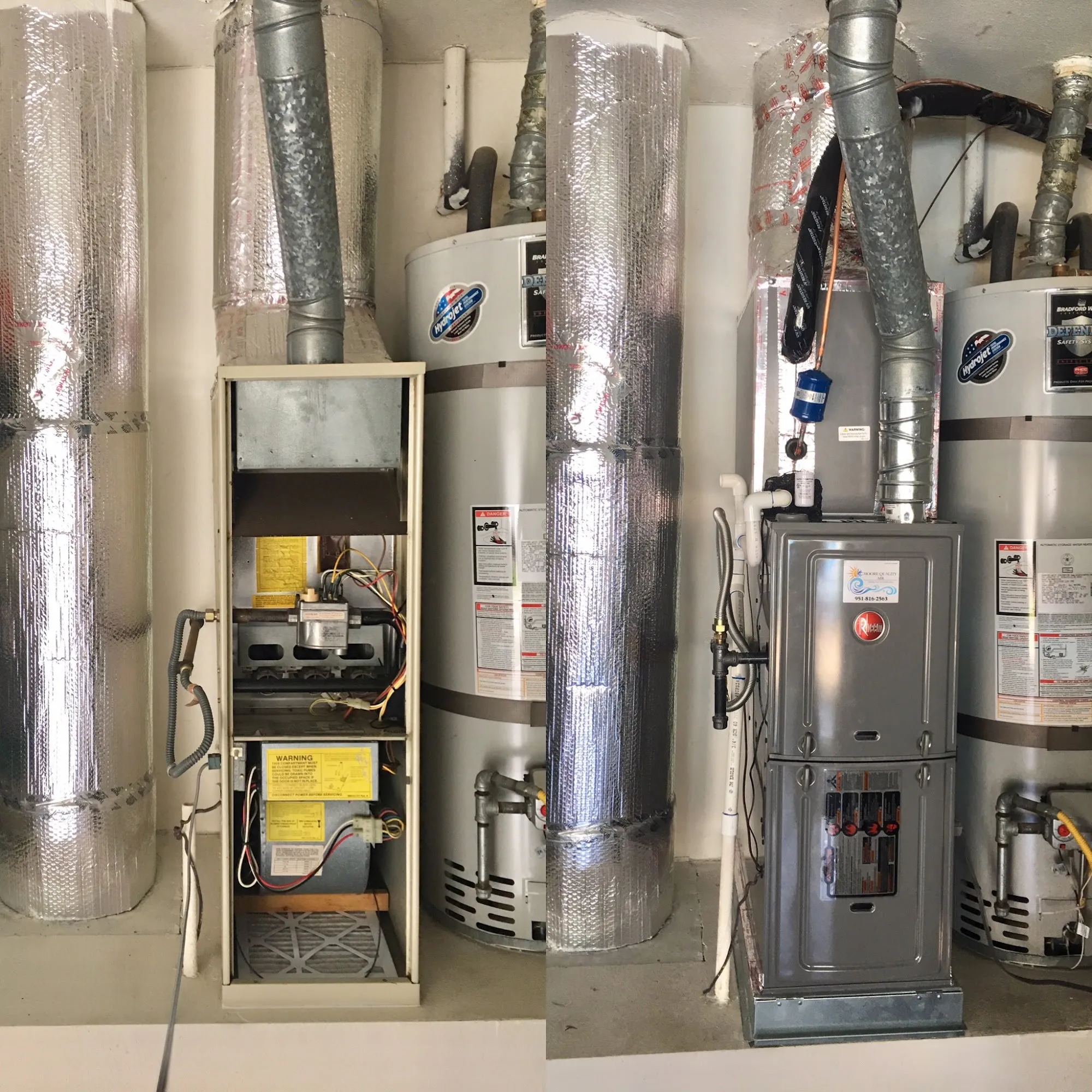 Before and after of a furnace and water heater closet